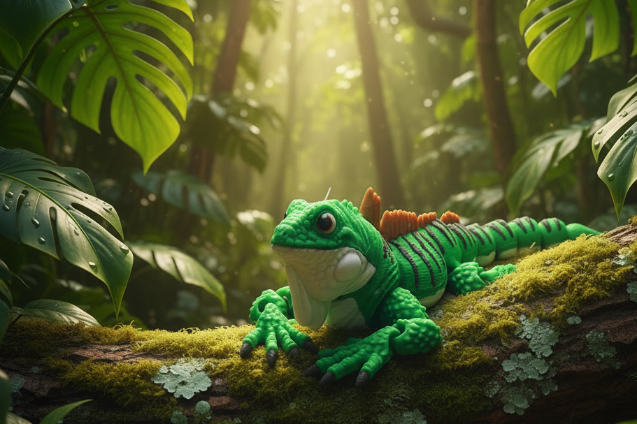 Toy lizard on a log in a lush forest