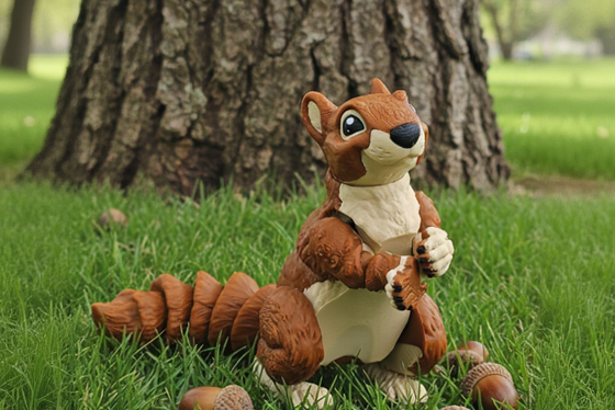 Squirrel figurine with acorns on grass in front of a tree